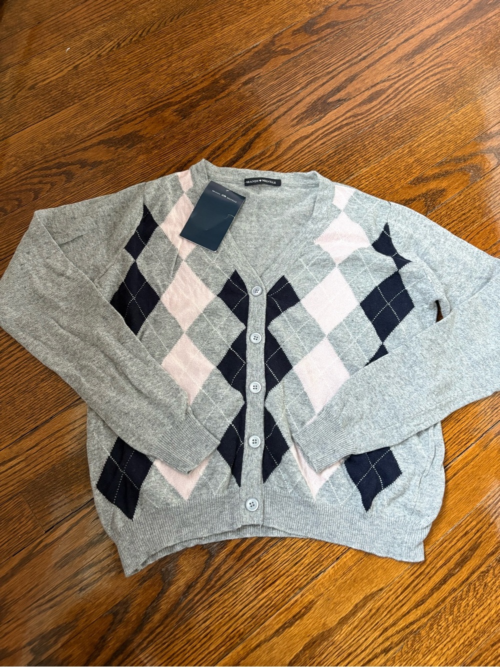 Brandy Melville Grey Cardigan with Pink & Navy Argyle